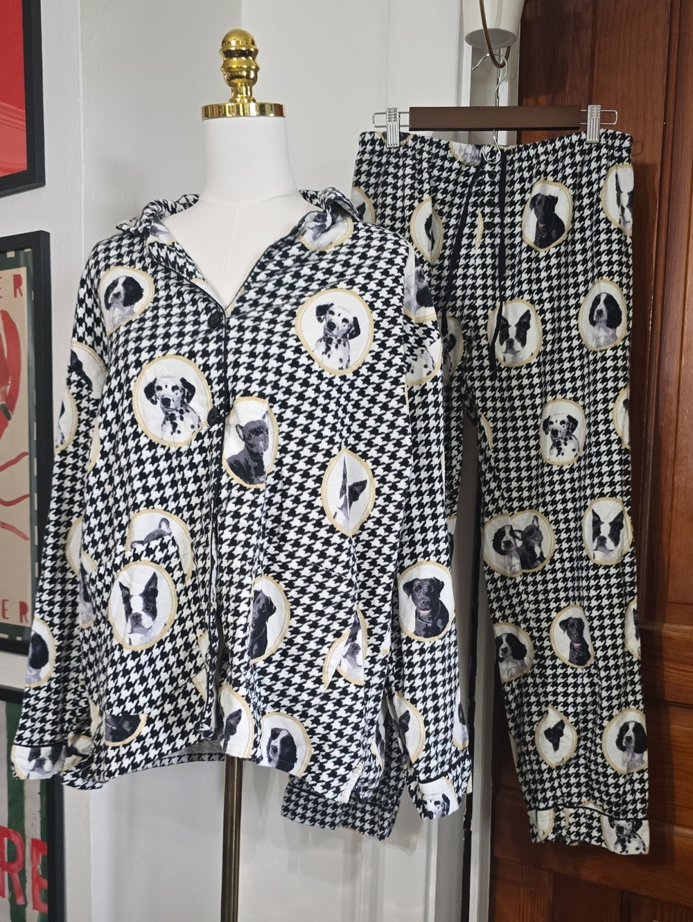 PJ Salvage Black & White Houndstooth Dog Portrait Pajama Set